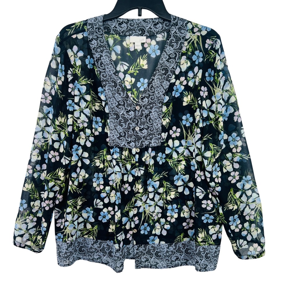 J. Jill Floral Lace Trim Blouse Size L Blue Sheer Button Front Cottagecore Boho‎
